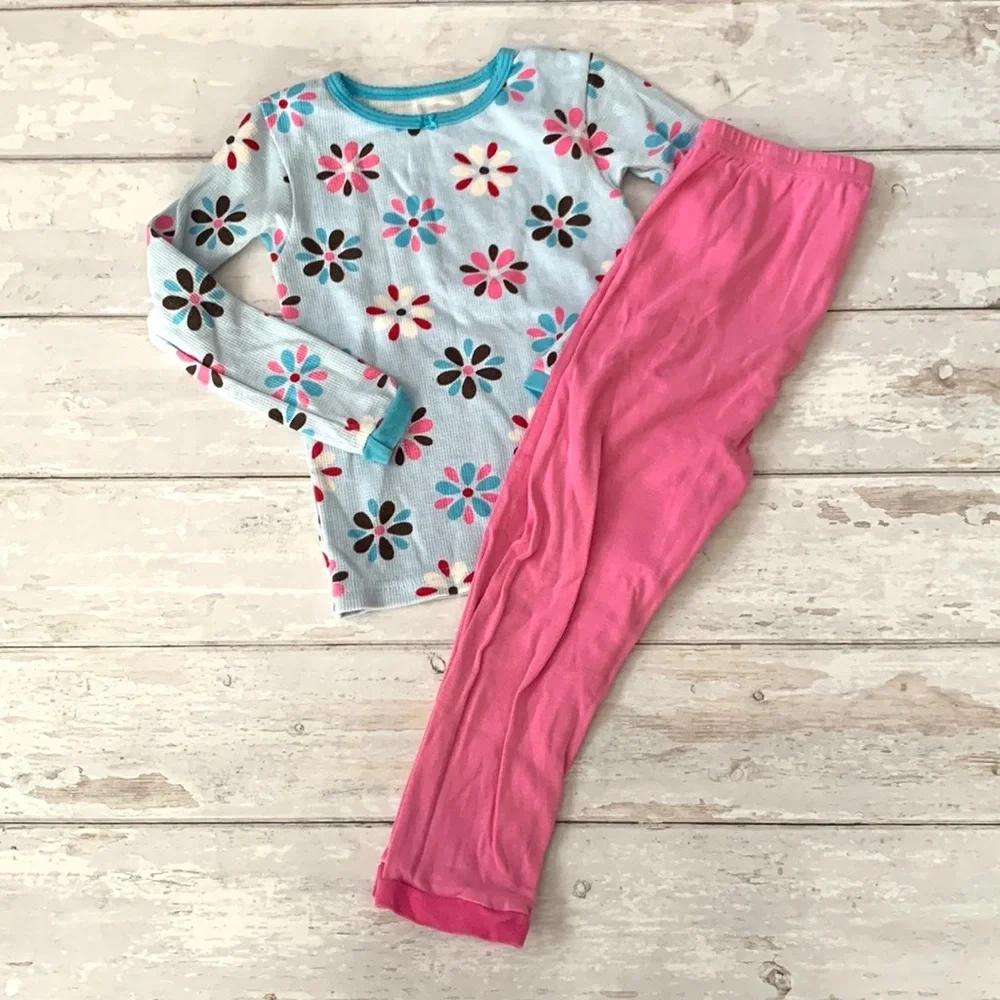 Carters 4T Girls Pajamas Set Kids Toddler Pjs Pink Blue Flowers Thermal Top